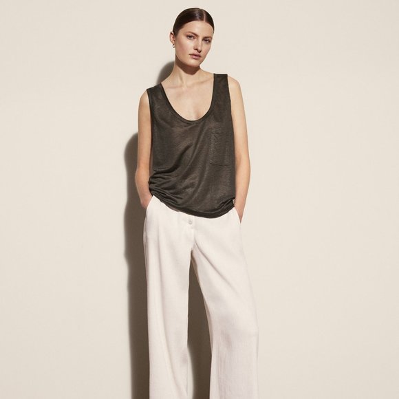Massimo Dutti 100% Linen Sleeveless Top Oversized Coated Tee Pocket Khaki Green - Picture 1 of 15